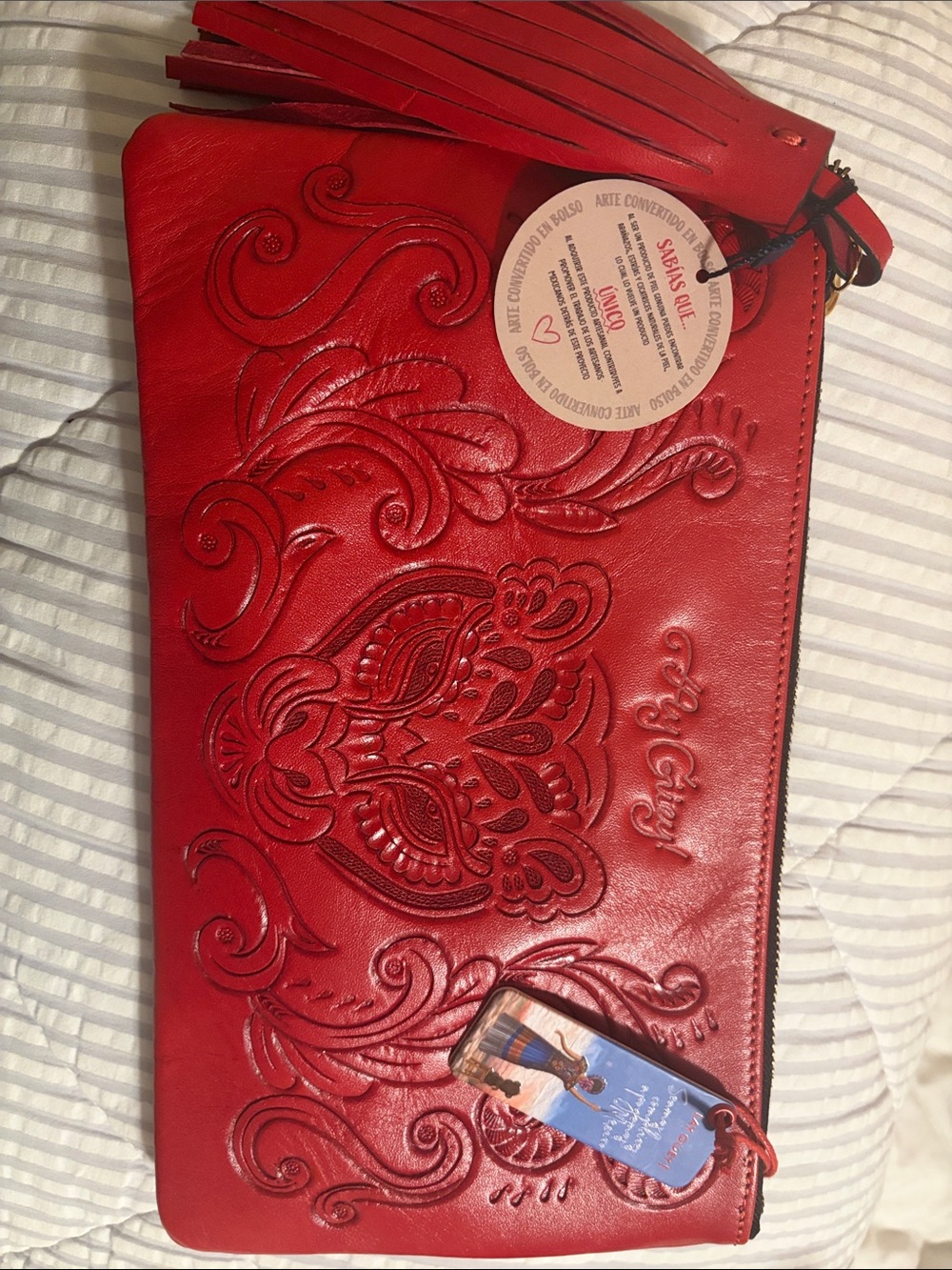 Ay Guey! Red Embossed Leather Tassel Wristlet